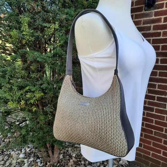 Vintage Y2K Nine West Woven Hobo Shoulder Bag Purse Taupe Retro Boho - Picture 2 of 12